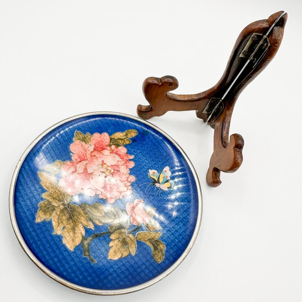 Antique Silver Ginbari Cloisonne Plate Blue Coral Peony Flower Butterfly w Stand - Picture 5 of 13